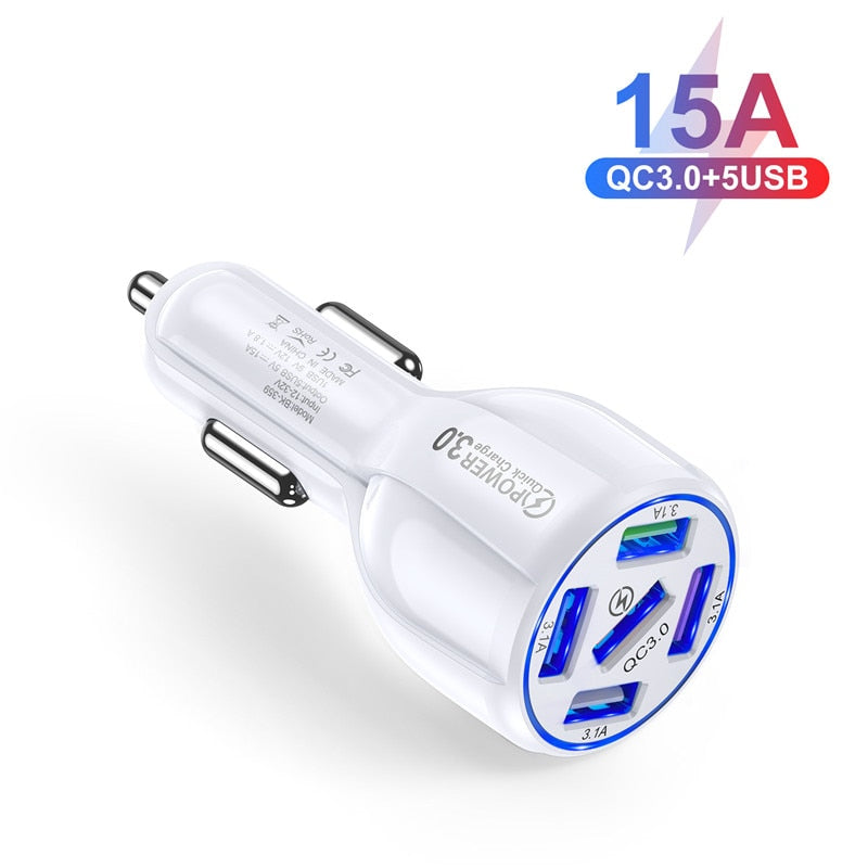 15A 5 Ports USB Car Charge Quick Mini LED Fast Charging